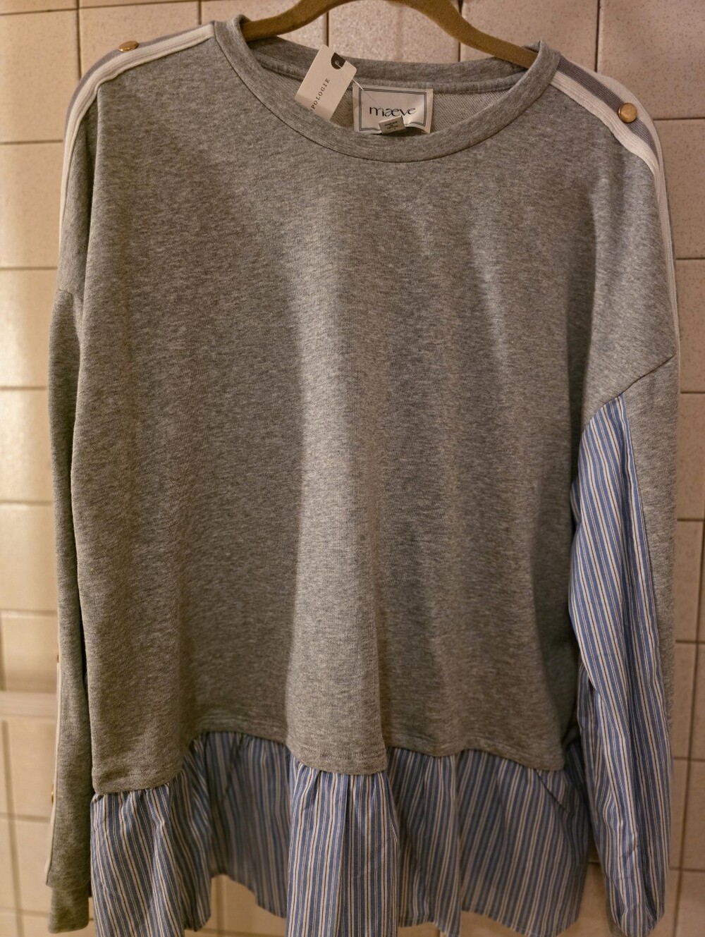 Maeve Gray Sweatshirt with Blue Striped Ruffle